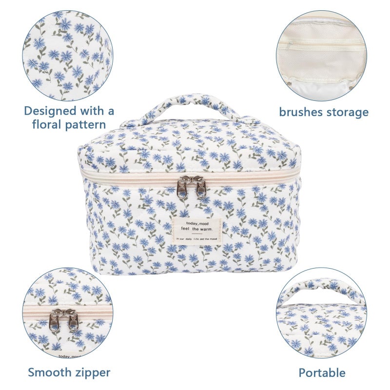 Gosect Large Makeup Bag  Cute Cosmetic Bag for Women Girls  Floral Coquette Aesthetic Toiletry Bag  Travel Make Up Organizer Bag (Blue Peacock Flower) - Image 4